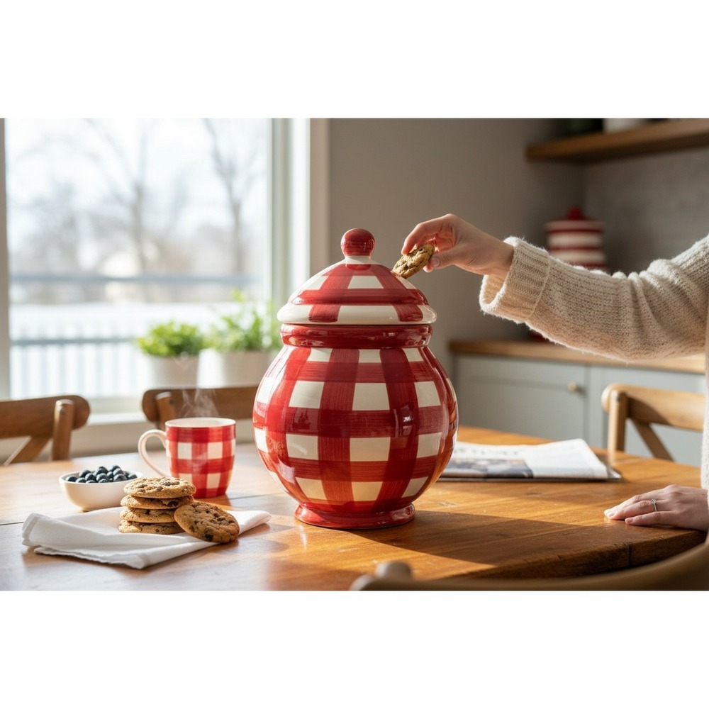 HomeGoods Ceramic Cookie Jar Farmhouse Large Red White Gingham Check Brand New